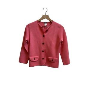 J Crew Wool Cardigan Sweater Pink Leather‎ Button Sz Medium Y2K Old Money